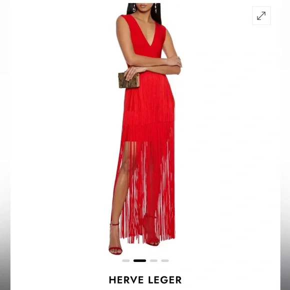 【新品美品】Herve Leger エルベレジェ レッド バンデージドレス Herve Leger Red Long Sleeve Plunge Bandage Dress – Studded